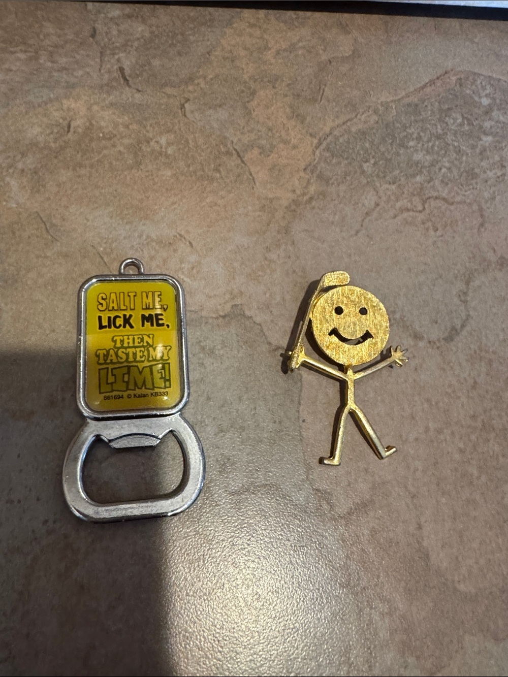 Kaplan Yellow Bottle Opener Keychain with Gold Smiley Pin
